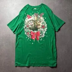 クリスマスTシャツ アニマル　猫　動物　ホリデー　サンタ　トナカイ　緑　L