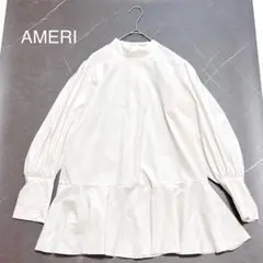 AMERI アメリ　裾フリルブラウス　バンドカラー Aライン　白　F