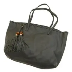 GUCCIバンブーレザータッセルフリンジチャーム ショルダートートバッグ グレー
