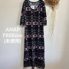 未使用品【アナップ】 FREE♪ 総柄 ロング ワンピース 半袖 ネイビー