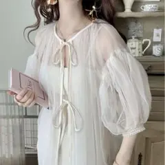 前後2Wayチュールリボンカーディガン［fo1896］シアー レース トップス