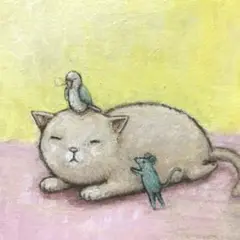 自作絵画　ぴーちゃんとお昼寝　猫とネズミとセキセイインコの絵