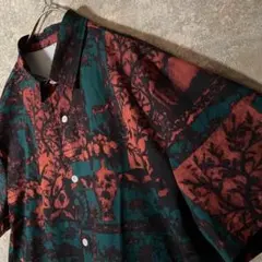 総柄 オレンジ×ブルー L～XL 木 花柄 半袖シャツ アロハシャツ かりゆし
