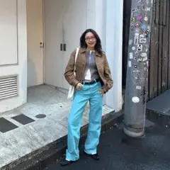 ZARA ターコイズブルー　ワイドレッグデニムパンツ