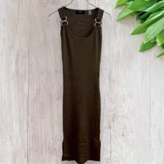 TAHARI タハリ リブワンピース XS ノースリーブ スリット カーキ