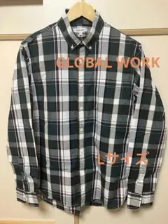 GLOBAL WORK ボタンダウン長袖シャツ グリーン系チェック　L