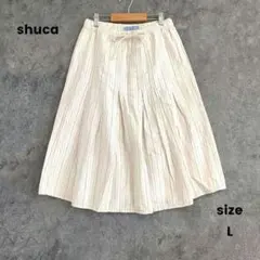 shuca シュカ　コットンリンネ　ひざ丈スカート 　ゴム　ストライプ 　L