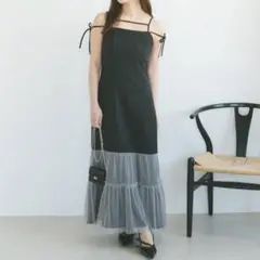 ECREL チュールレイヤードストラップキャミワンピース ブラック