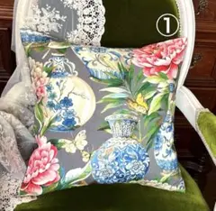 スペイン製生地 大輪の花と陶器柄　シノワズリ　クッションカバー① 45×45㎝用