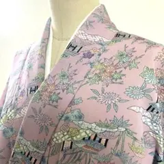 2m1975 着物 正絹 袷 小紋 紫 青 緑 ピンク 黒 花柄 和装