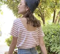Ungrid バックオープン ボーダーTシャツ 赤白 Mサイズ相当 半袖