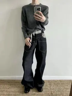 Slight Vogue 変形ウールパッチワークカーブワイドレッグデニムパンツ