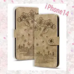 スマホケース 手帳型 iPhone 14 花 桜 ネコ 猫 ICカード