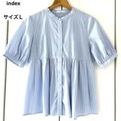 index ラメインへプラム水色ストライプ 半袖シャツブラウス　サイズＬ