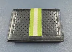 BALLY(バリー)黒レザー 名刺入れ 緑と白のストライプ