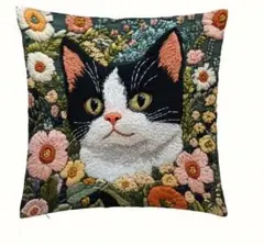 ハチワレ猫さん ① 刺繍風プリント クッションカバー