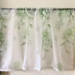 幅96×丈55 カフェカーテン 花柄 グリーン ラメ 1枚 小窓 透け感 出窓
