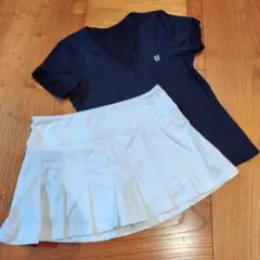 ELEVEN　テニスウエア上下ブラックVネックTシャツとホワイトスカートセット