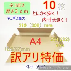訳アリ! 発送用10枚 ネコポス最大サイズ 厚さ3㎝ 対応A4 ダンボール箱