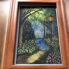 雨の日の散歩道　水彩画　絵手紙　原画