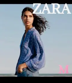 ZARA ウッドボタンエンブロイダリーブラウスシャツ　ブルー