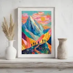A4　山登りの旅を描いたアート作品　アートポスター　カラフル
