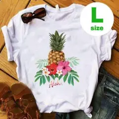 Tシャツ　L パイナップル　ハワイアン　アロハ　ロゴ　クルーネック　白　リゾート