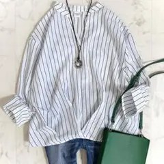 美品＊アーバンリサーチドアーズ リネン混フロントタックストライプブラウス ブルー