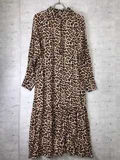 新品 H&M レトロ モード 古着 レオパード豹柄 裾フリル 長袖ワンピース