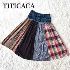 チチカカ デニム ロングフレアスカート パッチワーク 異素材 ドッキング F