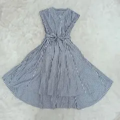 【極美品】サルーン　ストライプ　ロングシャツワンピース リボン Aライン　フレア