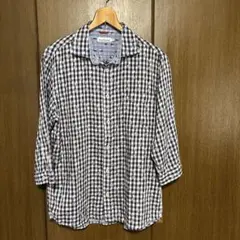 ハッシュパピー　メンズ　七分袖シャツ　ネイビーチェック柄　Lサイズ