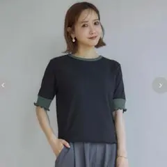 フリル付き半袖Tシャツ ダークグレー/グリーン L しまむら　田中里奈