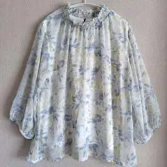 花柄シフォンブラウス　L　ブルー系　スタンドカラー　シースルー　未使用に近い