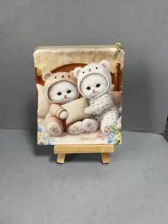 ハンドメイド フラットポーチ 両面パネル きぐるみ猫 くま