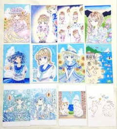 【複製ポストカード】手描きイラスト 夏の少女たち・猫ちゃんたち12枚セット②
