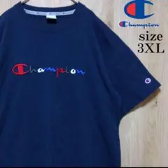 チャンピオン 古着 Tシャツ ステッチング 刺繍ロゴ 濃紺 ネイビー 3XL