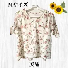 美品 花柄 ホワイト Tシャツ Mサイズ フレアスリーブ