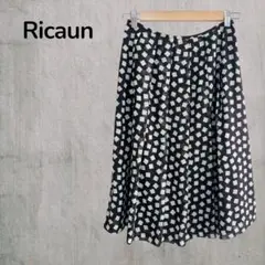 【Ricaun】レディースフレアスカート　膝丈　総柄　ブラック系　派手　可愛い夏
