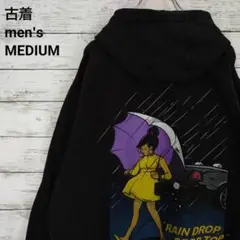 US古着 YRN パーカー ガールズ レイン バックプリント プルオーバー 黒M