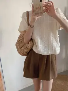 dholicバックカットアウトフリルパフ半袖ブラウス(フリーサイズ・アイボリー)