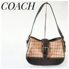 秋の装いに♡COACH コーチ 茶チェック ウール&レザー ショルダーバッグ