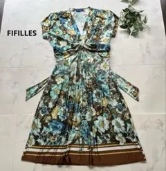 美品　FIFILLES 花柄ドレープジャージーワンピース　T1 リボン　洗える