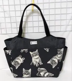 猫柄 ・キュート ・ カラーデニム・ブラックのサイドポケット付きトートバッグW