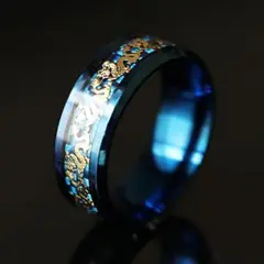 Qroza ブルー金龍 指輪 リング ゴールド ステンレス メンズ ポーチ付