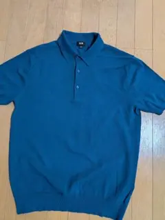 ウォッシャブルニット　ポロシャツ　半袖　ブルー　Lサイズ