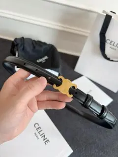 CELINE ブラックレザーベルト ゴールドバックル