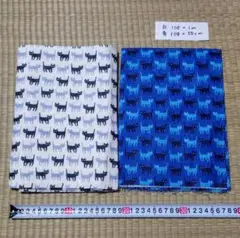 ダブルガーゼ　猫柄　白1m　青50cm