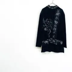 ベルベット ハイネック 長袖 トップス ブラック 花 ラメ 華やか 肩パッド