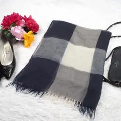 Y5662*最高級☆マーガレットハウエル☆極上カシミヤ☆チェック柄☆ストール☆紺